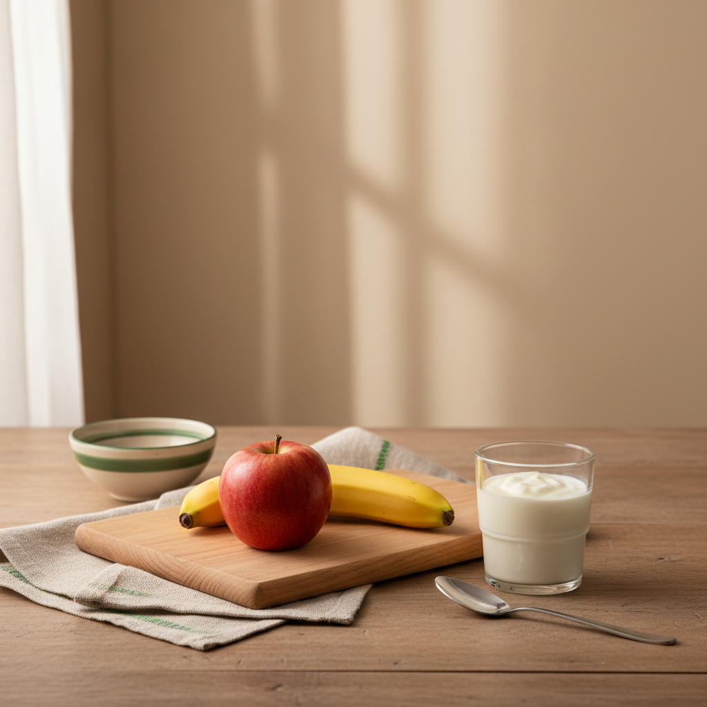 Apfel oder Banane gesünder: Apfel und Banane auf Holzbrett mit Joghurtglas und Löffel in warmer, minimalistischer Küche vor Hintergrund #dbdbcf, dezente Akzente #a5cd8d