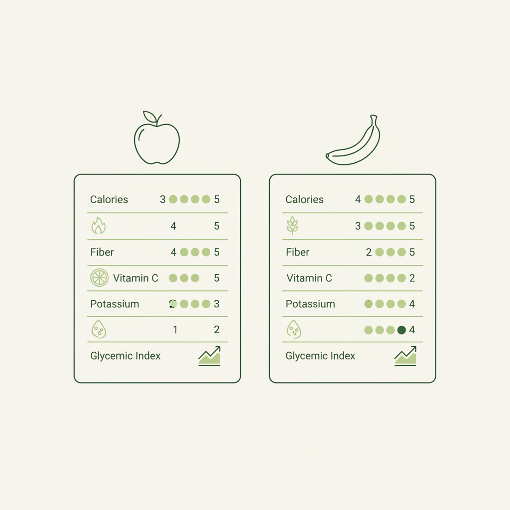 Minimalistische 2D-Vektor-Infografik Vergleich Apfel vs Banane: Kalorien, Ballaststoffe, Vitamin C, Kalium, glykämischer Index mit Icons und Füllskalen — Apfel oder Banane gesünder