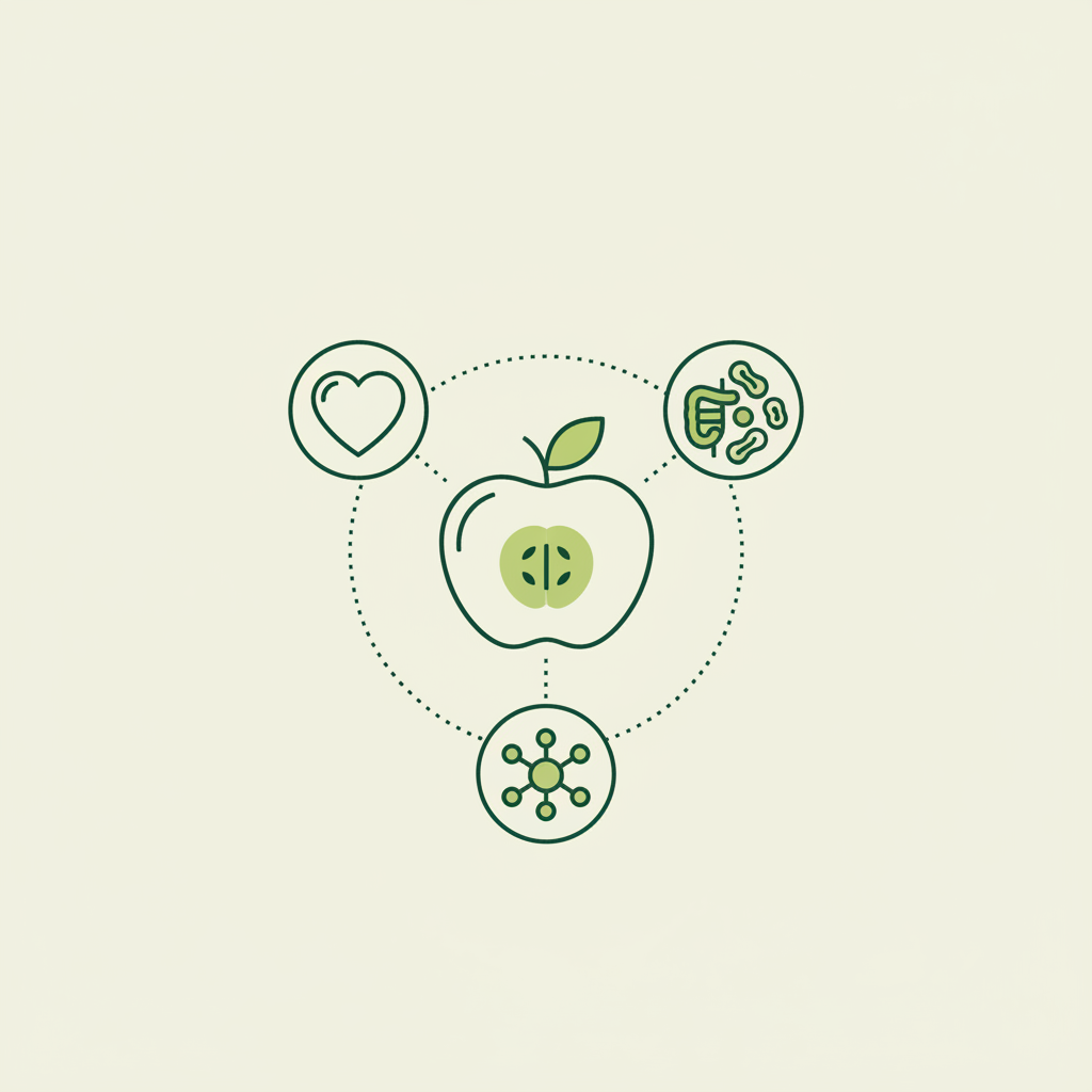 2D-Vektor-Infografik in Schnell-Lecker-Farben: Apfel mit Herz-, Darmflora- und Molekül-Icons, visualisiert Apfel entzündungshemmend Wirkung.