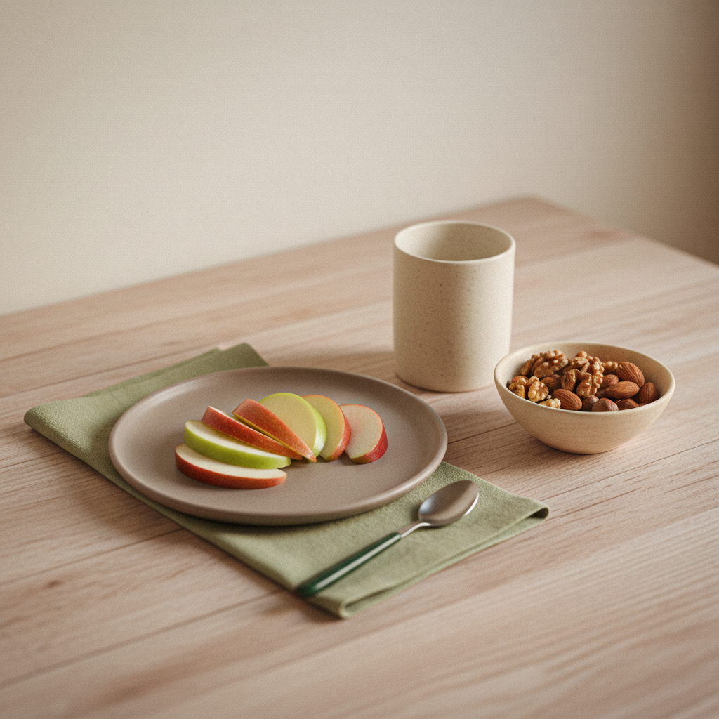 Rustikaler Holztisch mit Teller frischer Apfelscheiben, Nüsse und Joghurtbecher in warmer, minimalistischer Küche – Apfel entzündungshemmend