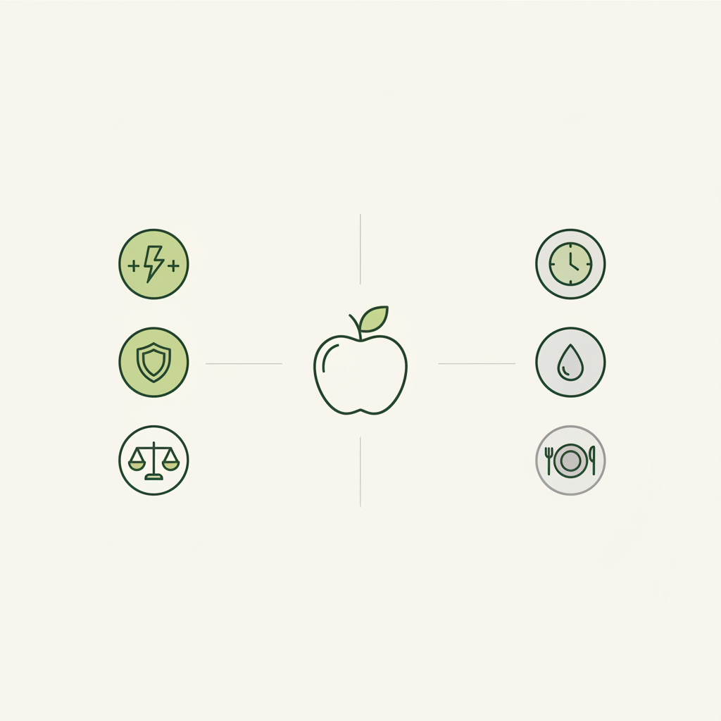 Minimalistische 2D-Vektor-Infografik in Markenfarben zeigt Vor- und Nachteile eines Apfels vor oder nach dem Essen durch einfache Icons, kein Text.