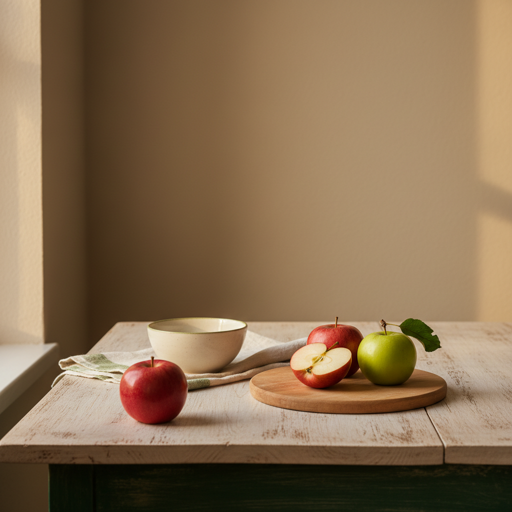 Apfel vor oder nach dem Essen auf rustikalem Holztisch in minimalistischer heimischer Küche, warmer Tageslicht-Hintergrund #dbdbcf mit dezenten Akzenten #a5cd8d