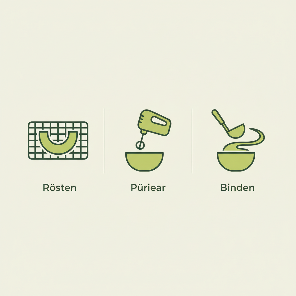 Minimalistische 2D-Vektor-Infografik zur kürbissuppe cremig mit drei Icons (rösten, pürieren, binden) in Schnell Lecker Markenfarben #dbdbcf, #a5cd8d, #21431f