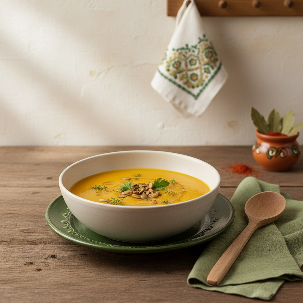 Nahaufnahme einer Schale cremiger Kürbissuppe mit Öltropfen, gerösteten Kürbiskernen und Kräutergarnitur auf minimalistischem Hintergrund #dbdbcf – Kürbissuppe verfeinern