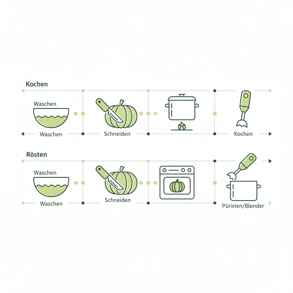 2D-Vektor-Infografik zur Hokkaido schälen: minimalistische Timeline Vergleich Kochen vs Rösten mit Icons für Waschen, Schneiden, Rösten, Pürieren in Markenfarben.
