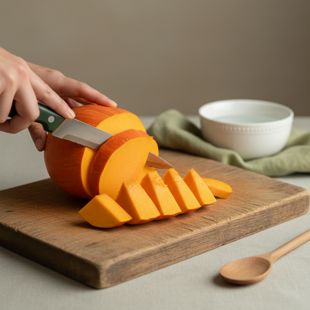 Hokkaido schälen: Nahaufnahme eines geschälten Hokkaido-Kürbisses auf Holzbrett, in Stücke geschnitten, warmes Küchenambiente mit dezenten Markenfarben