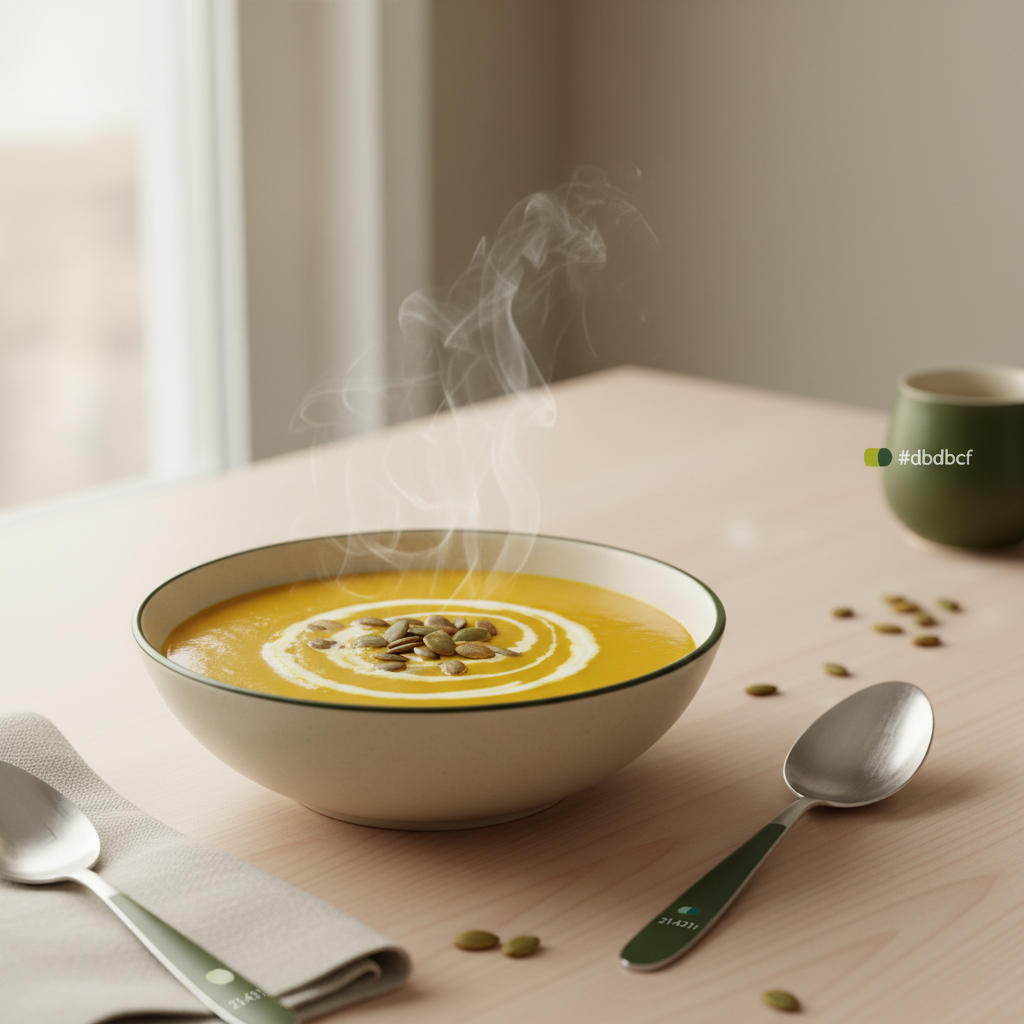 Nahaufnahme einer cremigen Kürbissuppe dicker in weißer Schüssel auf hellem Holz, garniert mit gerösteten Kürbiskernen und Sahneswirl, minimalistisch, Hintergrund #dbdbcf