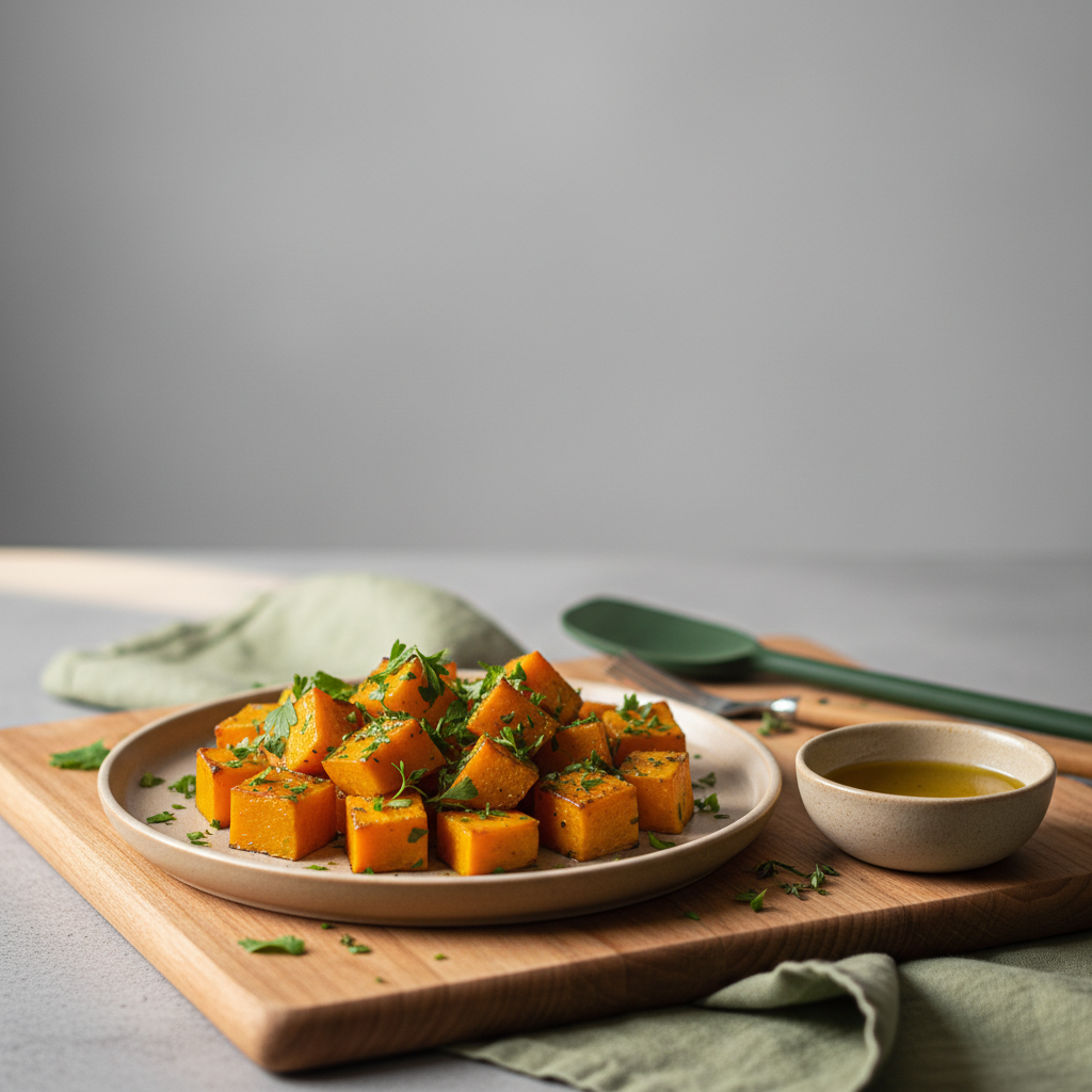 Nahaufnahme gerösteter Hokkaido-Würfel auf Keramikteller mit Kräutern und Olivenöl, warme heimische Küchenstimmung, Hintergrund #dbdbcf — Hokkaido Kürbis Kochzeit