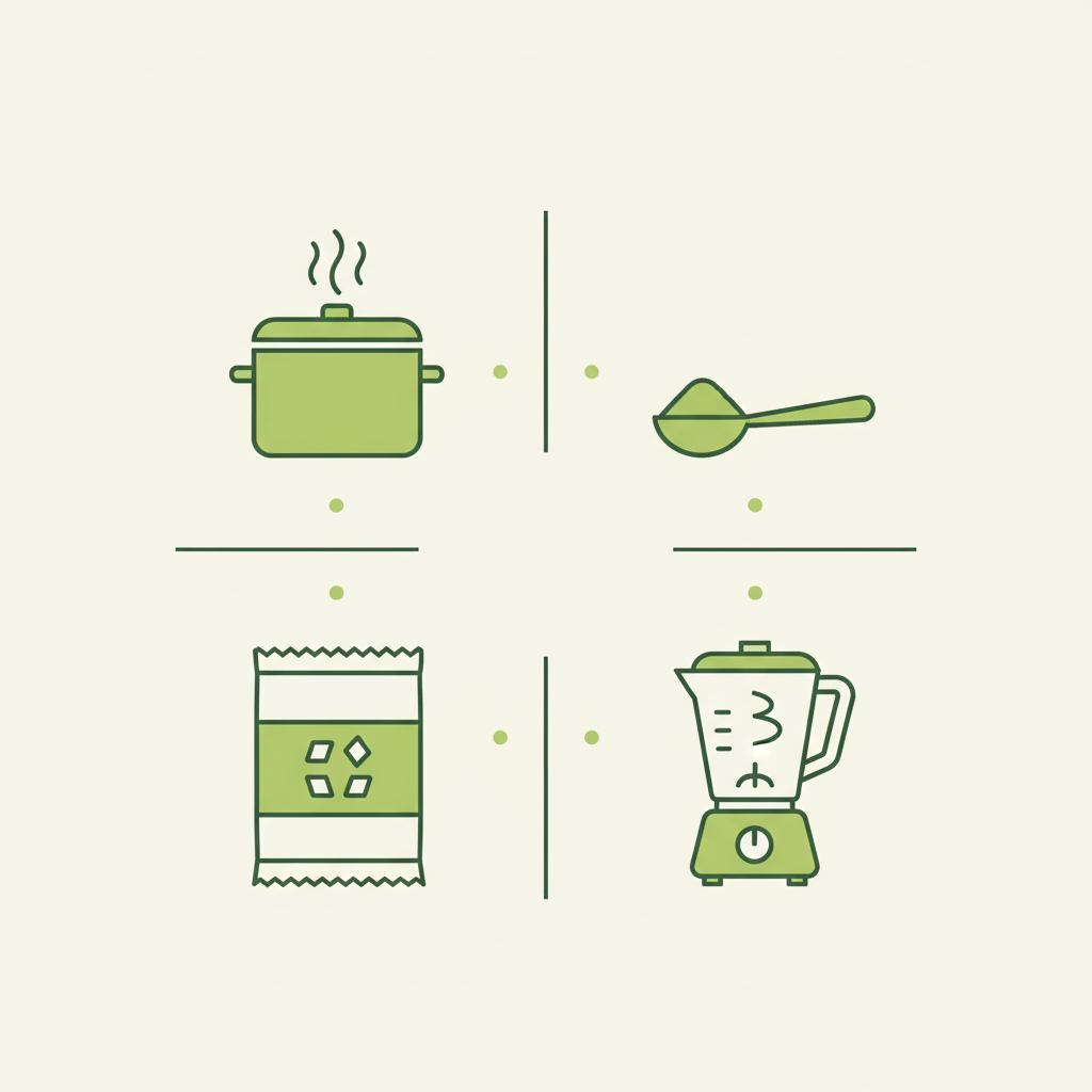 Minimalistische 2D-Infografik mit Topf, Löffel, Stärke-Packung und Mixer als Icons zur Anleitung Kürbiscremesuppe verdicken, in den Farben von Schnell Lecker.