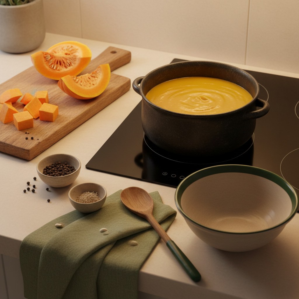 Topf mit sämiger Kürbiscremesuppe auf dem Herd, frische Kürbisstücke und Gewürze daneben – einladendes Küchen-Setup zum Kürbiscremesuppe verdicken in heller, minimalistischer Küche.