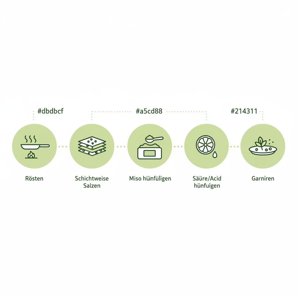 Minimalistische 2D-Vektorinfografik zum Kürbissuppe aufpeppen mit fünf Icons: rösten, schichtweise salzen, miso, säure zufügen, garnieren, in Markenfarben.