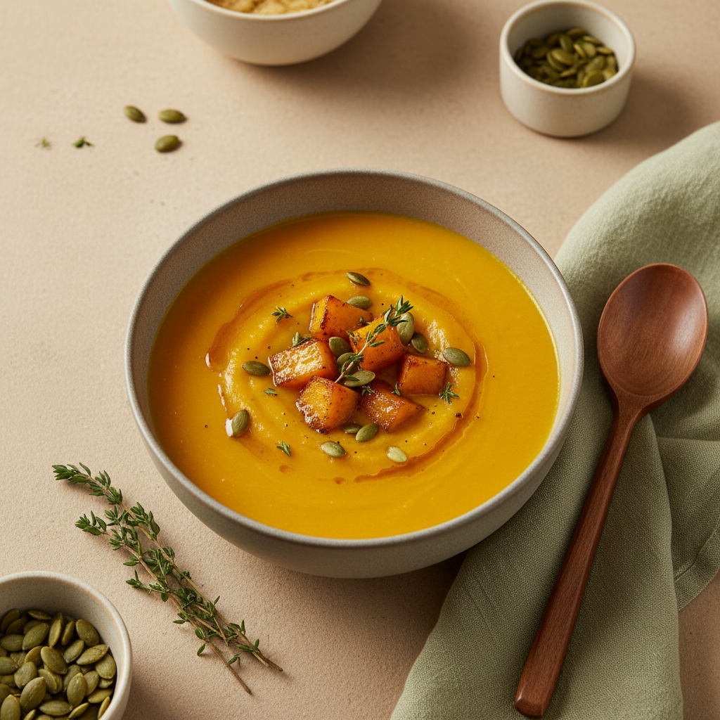 Kürbissuppe aufpeppen: Cremige Kürbissuppe mit gerösteten Kürbisstücken und Kernen, schlichtes warmes Küchensetup in Markenfarben, minimalistisch und einladend