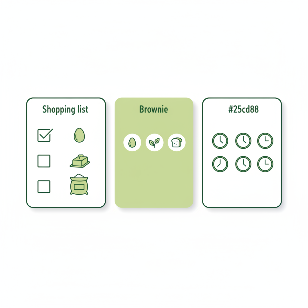 Welche Zutaten braucht man für Brownies? Minimalistische 2D-Vektor-Infografik mit Icons für Proteine, Gemüse, Kohlenhydrate, Einkaufsliste- und Zeit-Symbole in Schnell Lecker Farben.