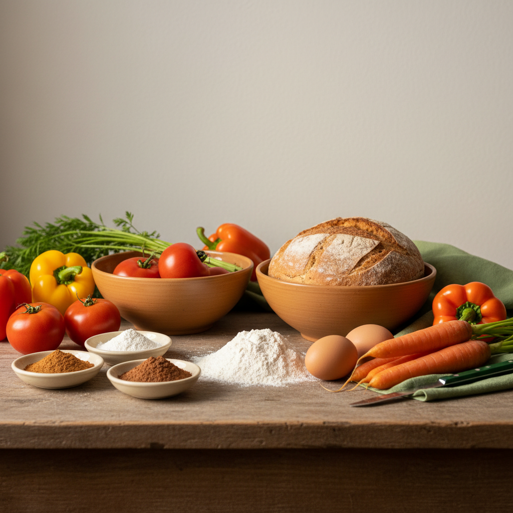 Welche Zutaten braucht man für Brownies? Realistisches, heimeliges Küchenstillleben mit Brot, Gemüse und Gewürzen auf rustikalem Holztisch, Hintergrund #dbdbcf, Akzente #a5cd8d.