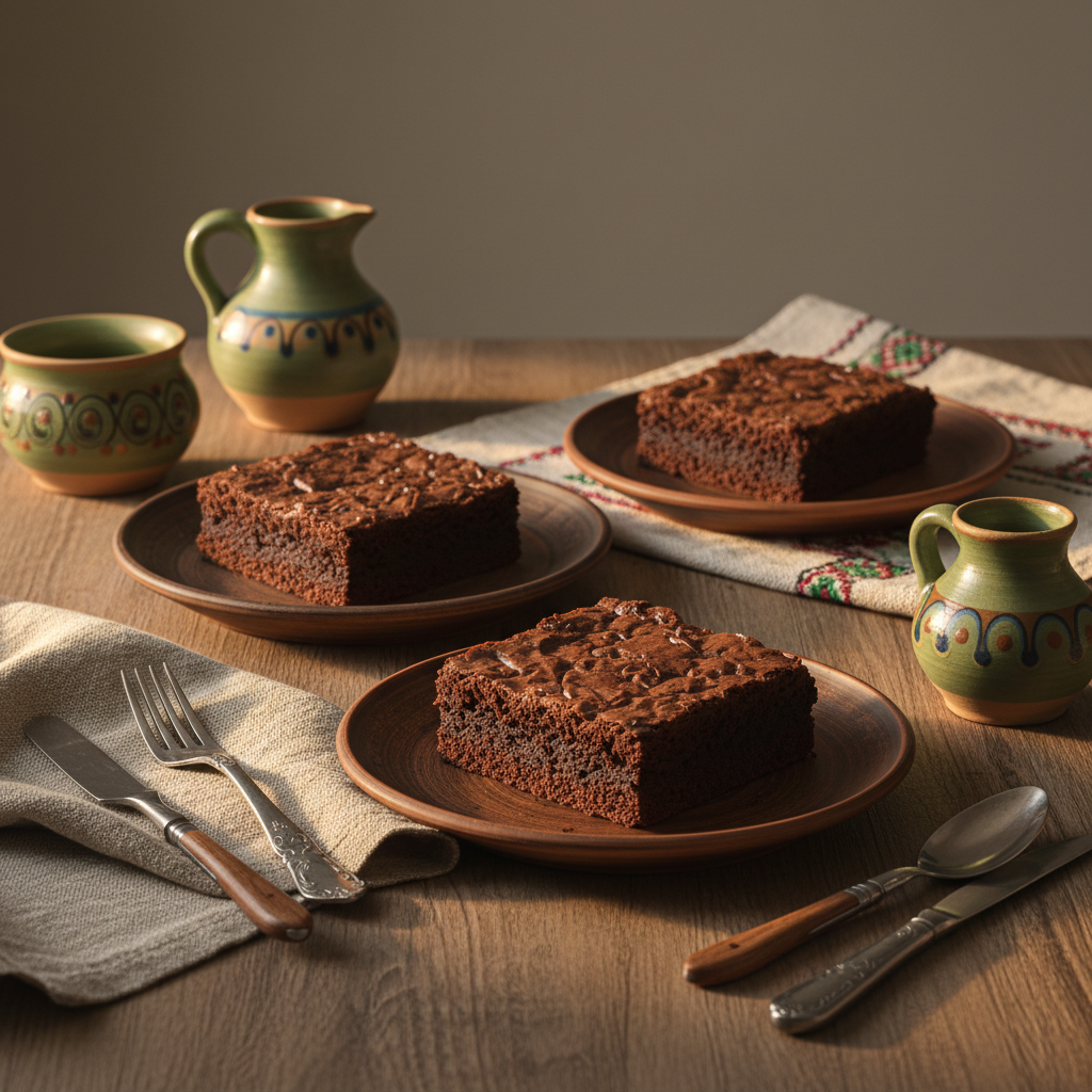 Nahaufnahme von Brownie-Stücken auf rustikalen Tellern auf hellem Tisch mit Hintergrund #dbdbcf, warme Lichtstimmung und authentische Texturen, Schokolade für Brownies