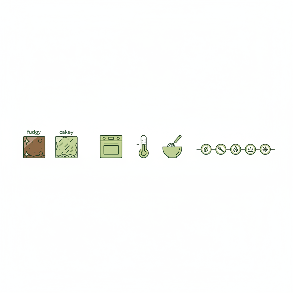 Minimalistische 2D-Vektor-Infografik zu Brownies mit Symbolen für fudgy vs cakey, Ofen, Thermometer, Rührschüssel und visueller Schrittzeitleiste in Schnell Lecker Farben.