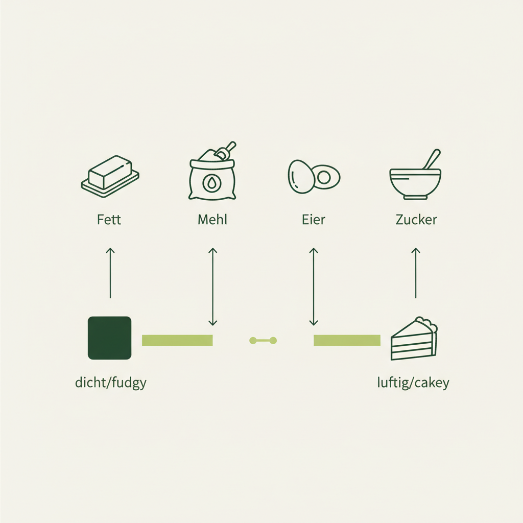 Minimalistische Vektor-Infografik mit Icons für Fett, Mehl, Eier und Zucker und visueller Skala von dicht zu luftig – Einfluss erklärt, Brownies saftig halten.