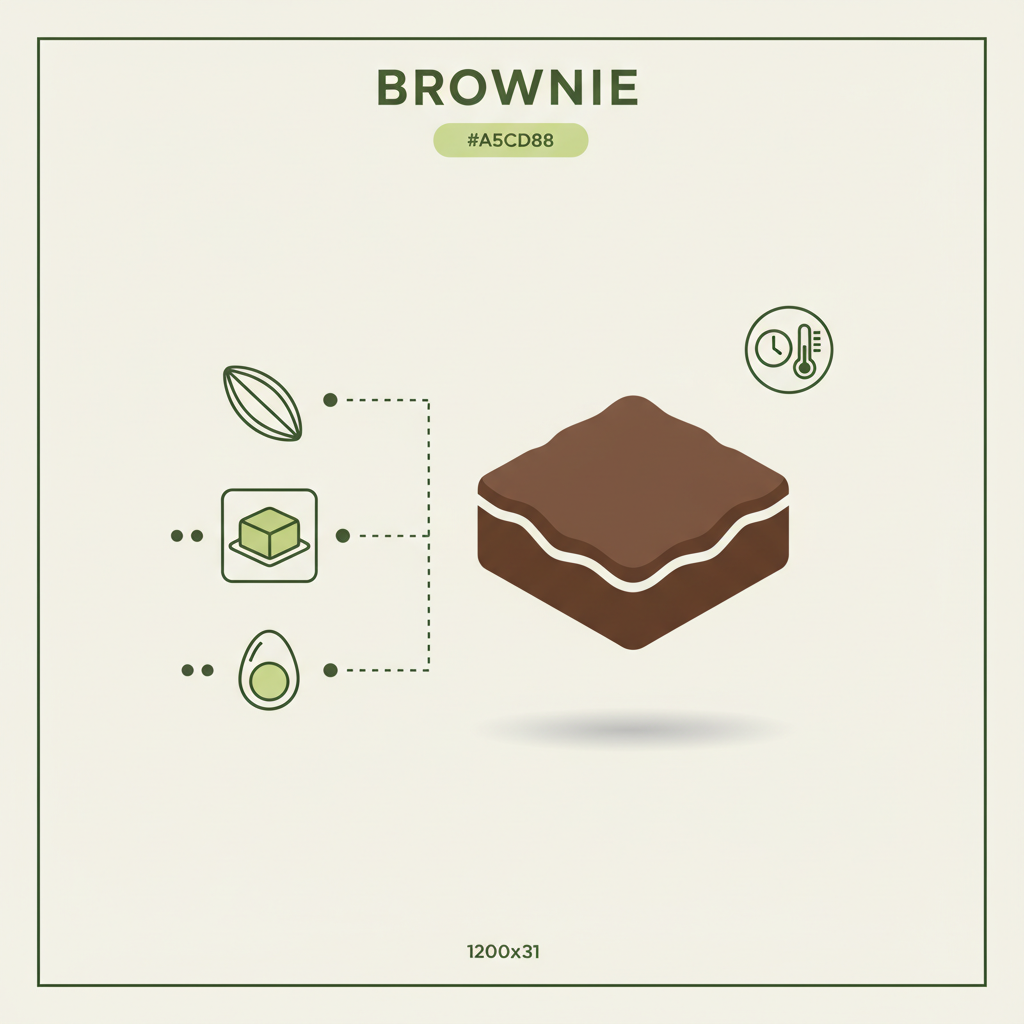 Minimalistische 2D-Vektor-Infografik zu Zartbitter-Schokolade Brownies mit zentralem Brownie-Icon und drei Zutaten-Icons in Schnell-Lecker-Farben, ohne Text.