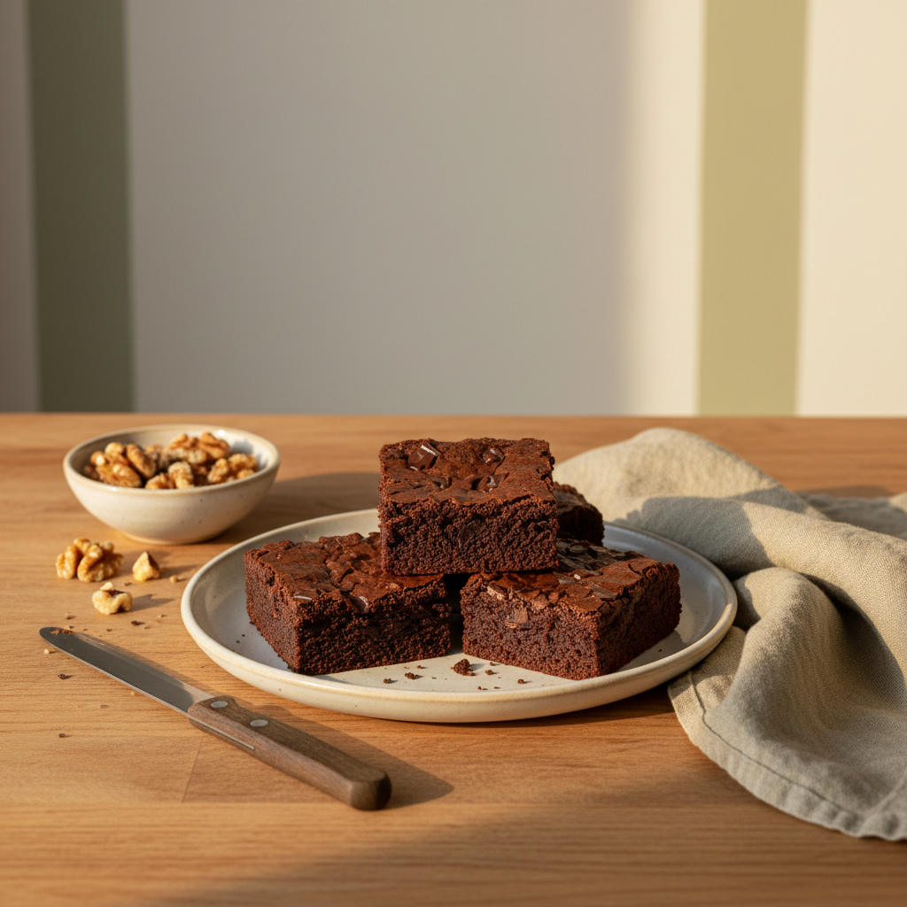 Zartbitter-Schokolade Brownies auf Keramikteller auf warmem Holztisch, minimalistisches Küchen-Setting im Schnell Lecker Stil, Hintergrund #dbdbcf, Akzent #a5cd8d