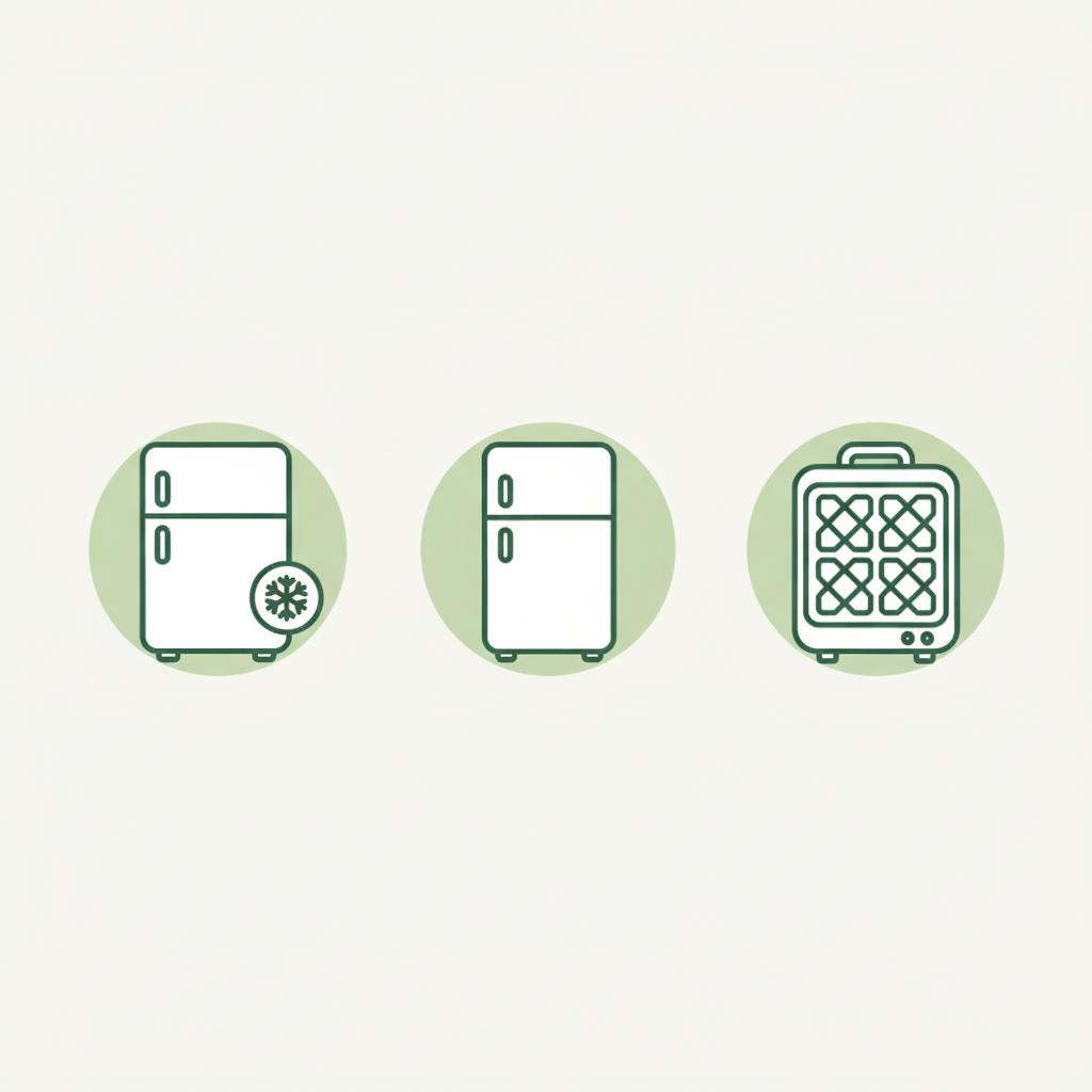 Minimalistische Vektor-Infografik mit drei Icons (Gefrierfach, Kühlschrank, Waffeleisen) zur Lagerung von Waffelteig in Markenfarben von Schnell Lecker