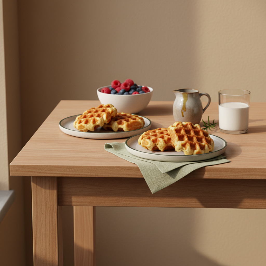 Nahaufnahme von Waffeln aus Waffelteig mit Ahornsirup, frischen Beeren und Glas Milch auf minimalistischem Küchentisch vor hellen Hintergrund #dbdbcf