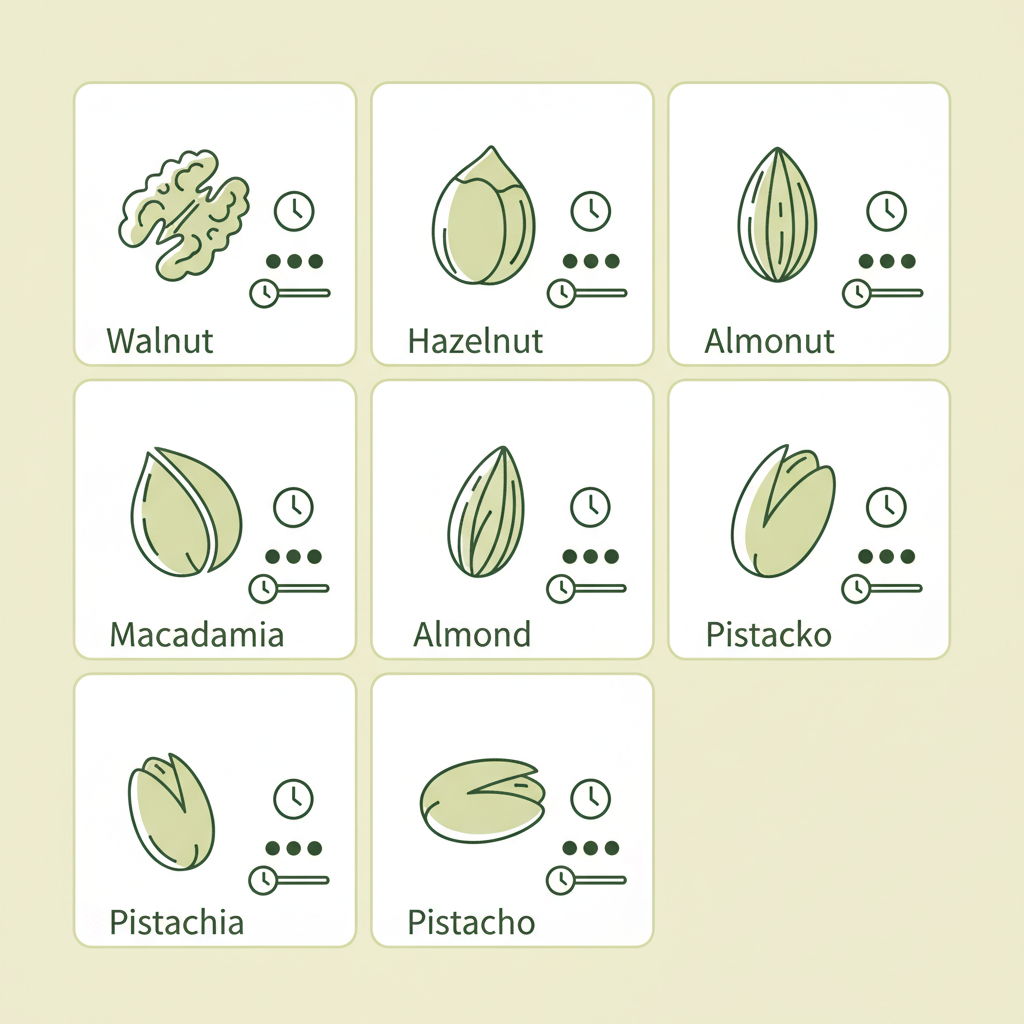 Minimalistische 2D-Vektor-Infografik mit Icons für Walnuss, Haselnuss, Mandeln, Macadamia und Pistazie, visuelle Hinweise zu Röstzeit und Menge – Welche Nüsse passen zu Brownies