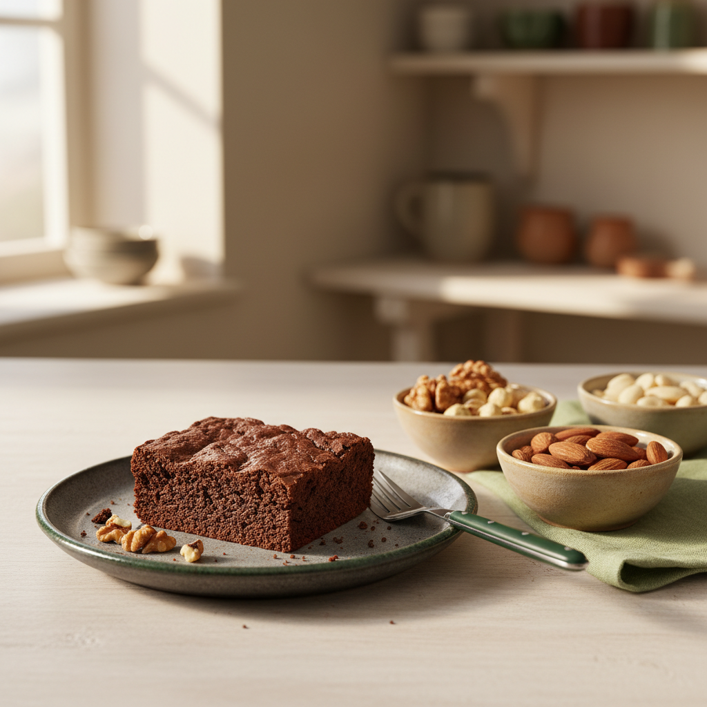 Nahaufnahme eines angeschnittenen Brownies auf rustikalem Teller mit Schälchen Walnüsse, Haselnüsse und Mandeln in warmer Küche – Welche Nüsse passen zu Brownies