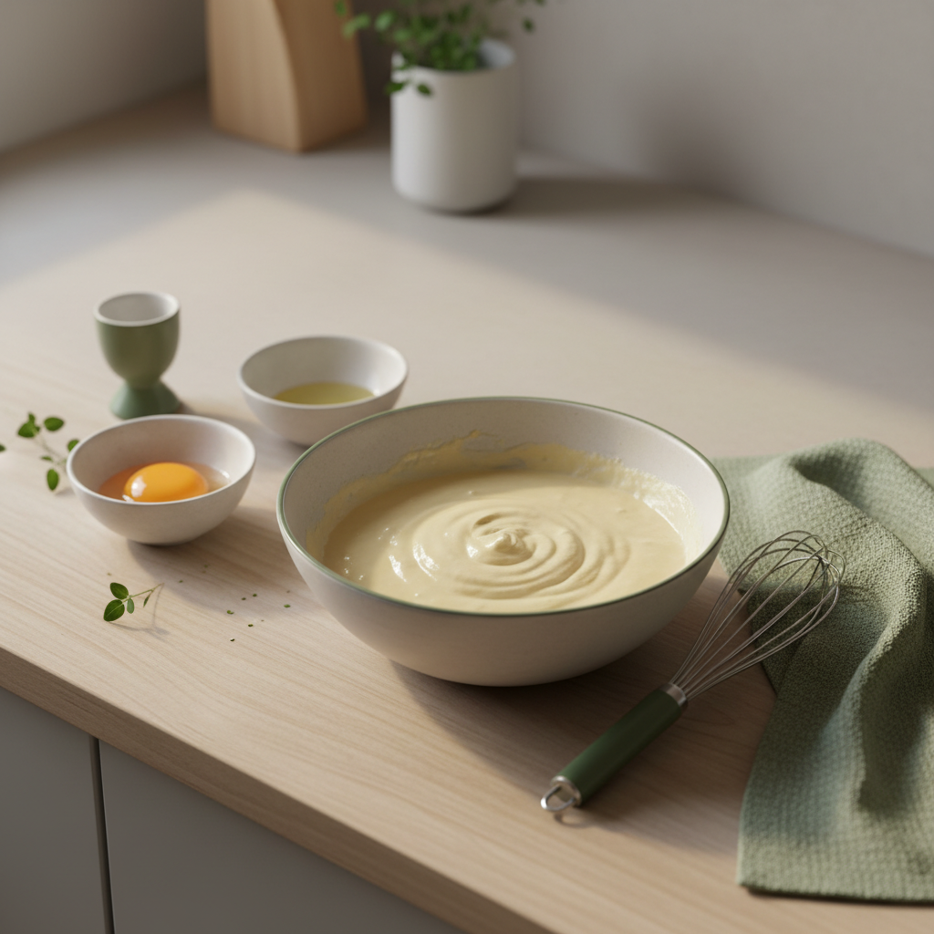 Nahaufnahme einer Schüssel mit Waffelteig, Schneebesen, getrennten Eierhälften und gefaltetem Leinenhandtuch in Markenfarben auf hellem Hintergrund.