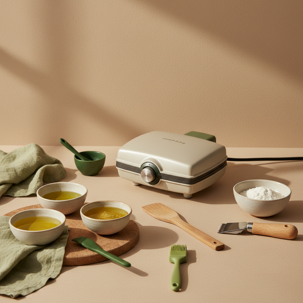 Welches Fett für Waffeleisen: Fotorealistisches Küchenbild mit Waffeleisen und drei Schälchen (Rapsöl, Avocadoöl, Ghee) auf #dbdbcf-Hintergrund, minimalistisch.