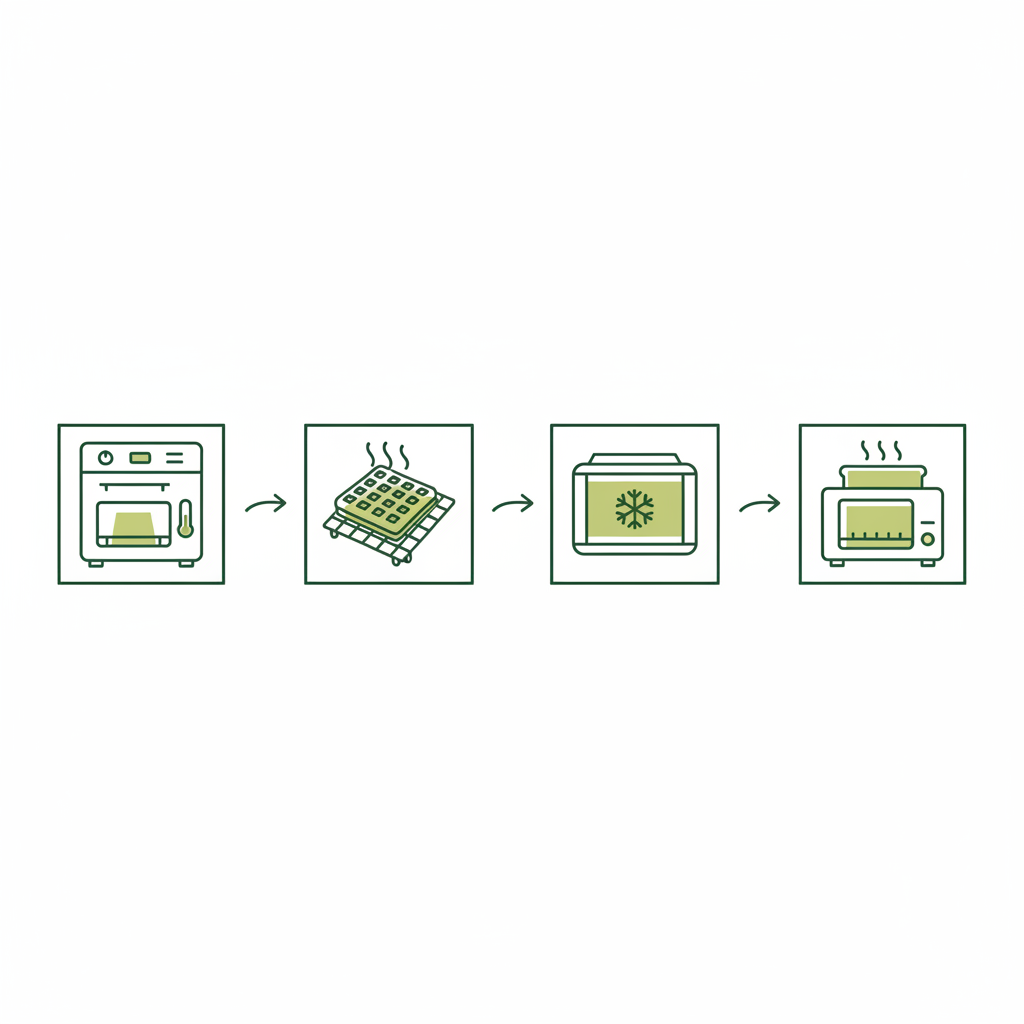 2D-Vektor-Infografik mit vier Icons: vorheizen, Dampf auf Gitter ablassen, einfrieren, aufbacken – Anleitung zum Waffeln knusprig halten.