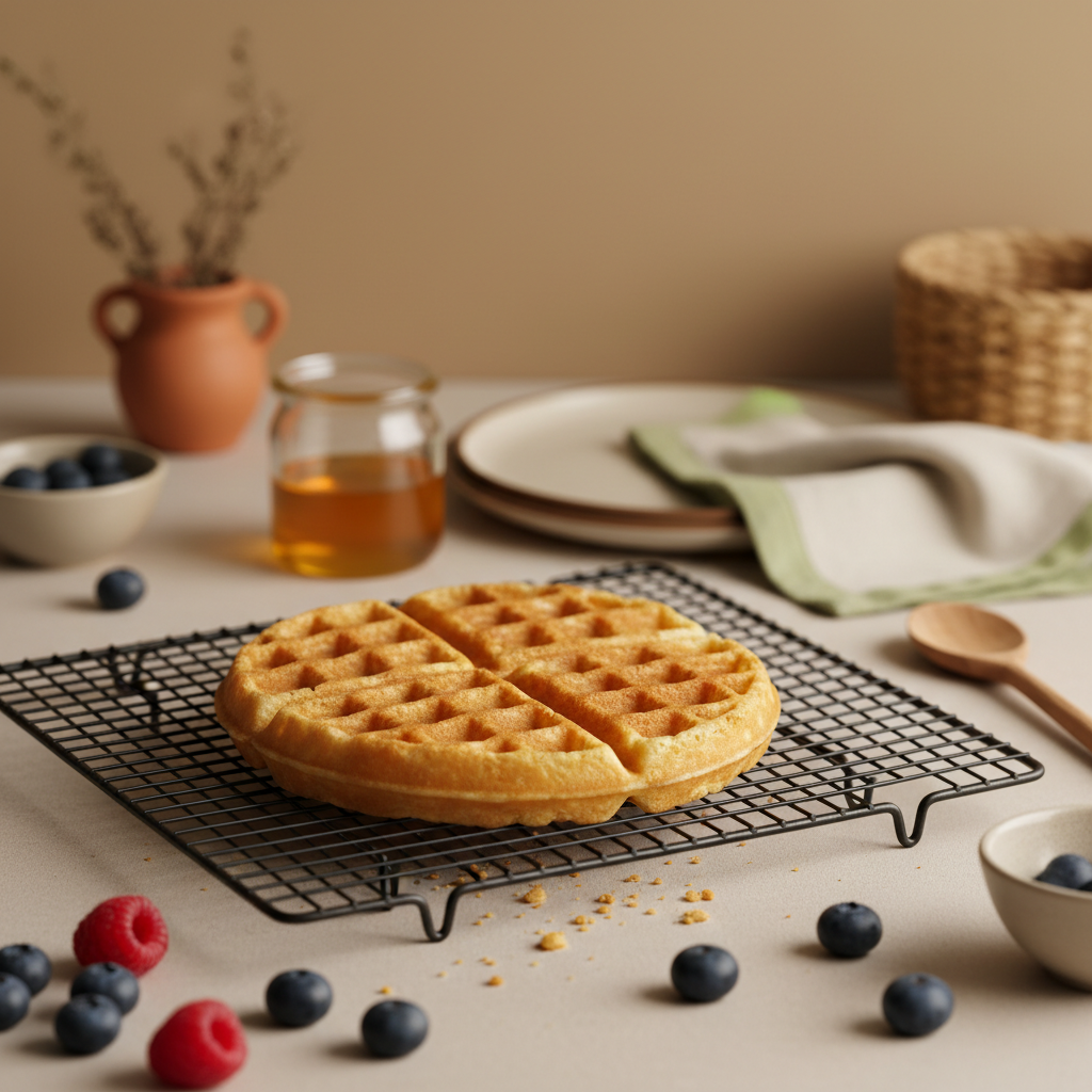 Nahaufnahme einer goldenen Waffel auf Abkühlgitter mit verstreuten Beeren und kleinem Honigglas im Hintergrund, warmer europäischer Stil, Warum werden meine Waffeln nicht knusprig?