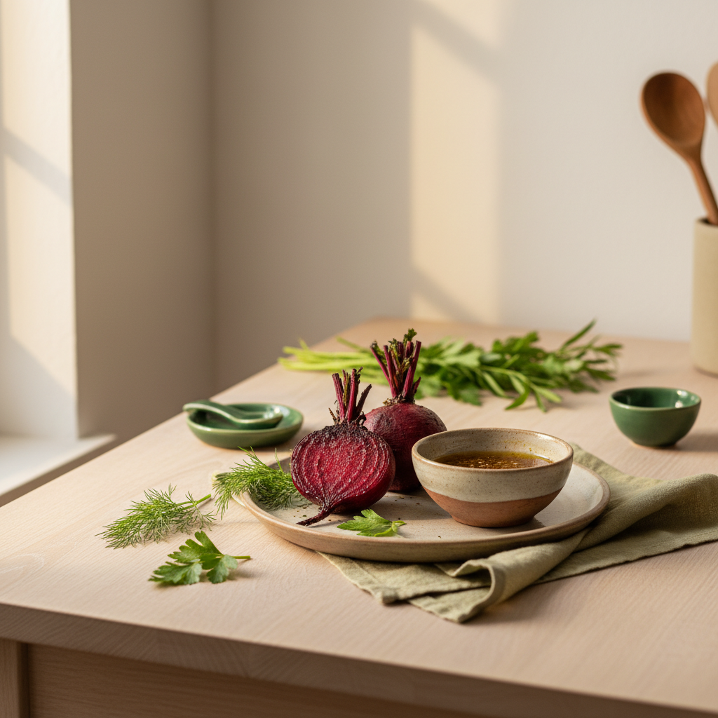 Close-up eines minimalistischen Küchentischs mit gerösteter ganzer roter Bete, Vinaigrette und frischen Kräutern – wie isst man rote bete am besten
