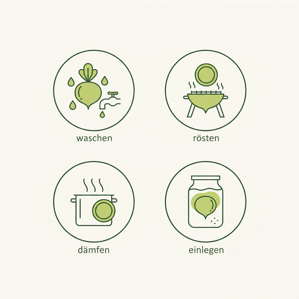 Minimalistische Vektor-Infografik mit vier Icons für Waschen, Rösten, Dämpfen und Einlegen in Schnell Lecker Farben – wie isst man rote bete am besten