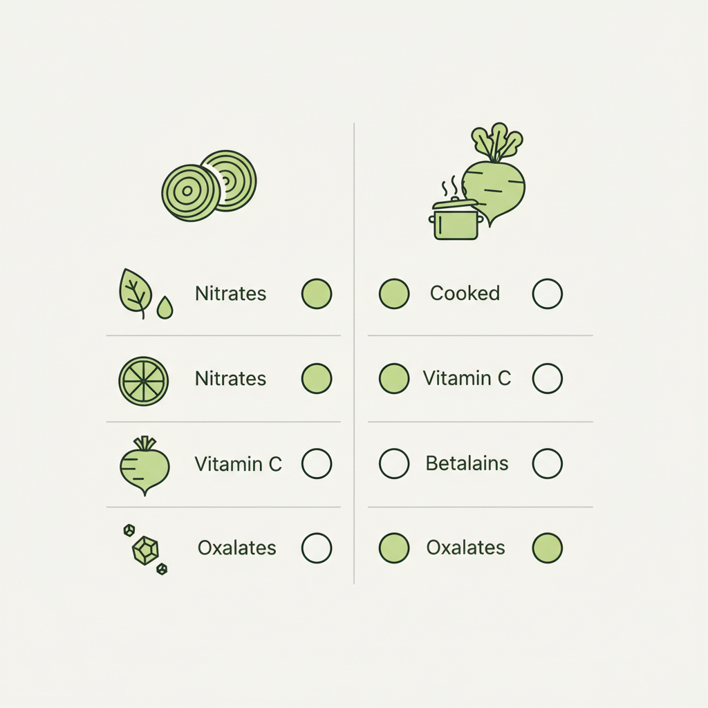 Minimalistische 2D-Vektor-Infografik: Vergleich von Rote Bete roh oder gekocht mit Icons für Nitrate, Vitamin C, Betalaine und Oxalate in Schnell Lecker Farben.