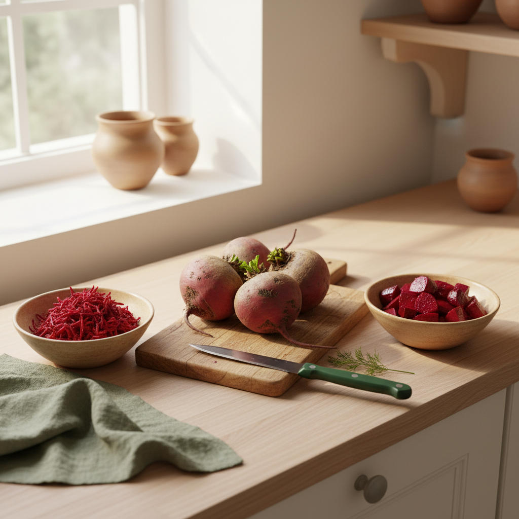 Vollformataufnahme einer heimischen Küchenarbeitsplatte mit frischen Rote Bete roh oder gekocht: ganze Knollen, geraspelte Rohkost und gedämpfte Stücke.