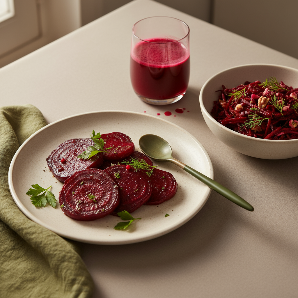 Nahaufnahme eines minimalistischen europäischen Tischsettings mit gerösteter Rote Beete, Rote-Beete-Salat und kleinem Glas Rote-Beete-Saft auf Hintergrund #dbdbcf.
