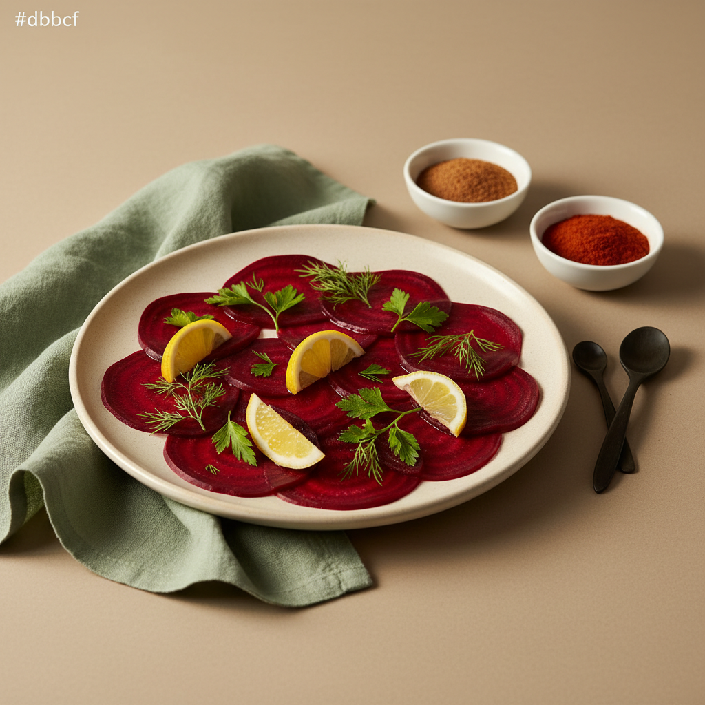 Teller mit Rote-Bete-Carpaccio, Zitronenscheiben, frischen Kräutern und Schälchen mit Kreuzkümmel und geräuchertem Paprika – Gewürze für Rote Bete, minimalistisches heimeliges Küchen-Setup