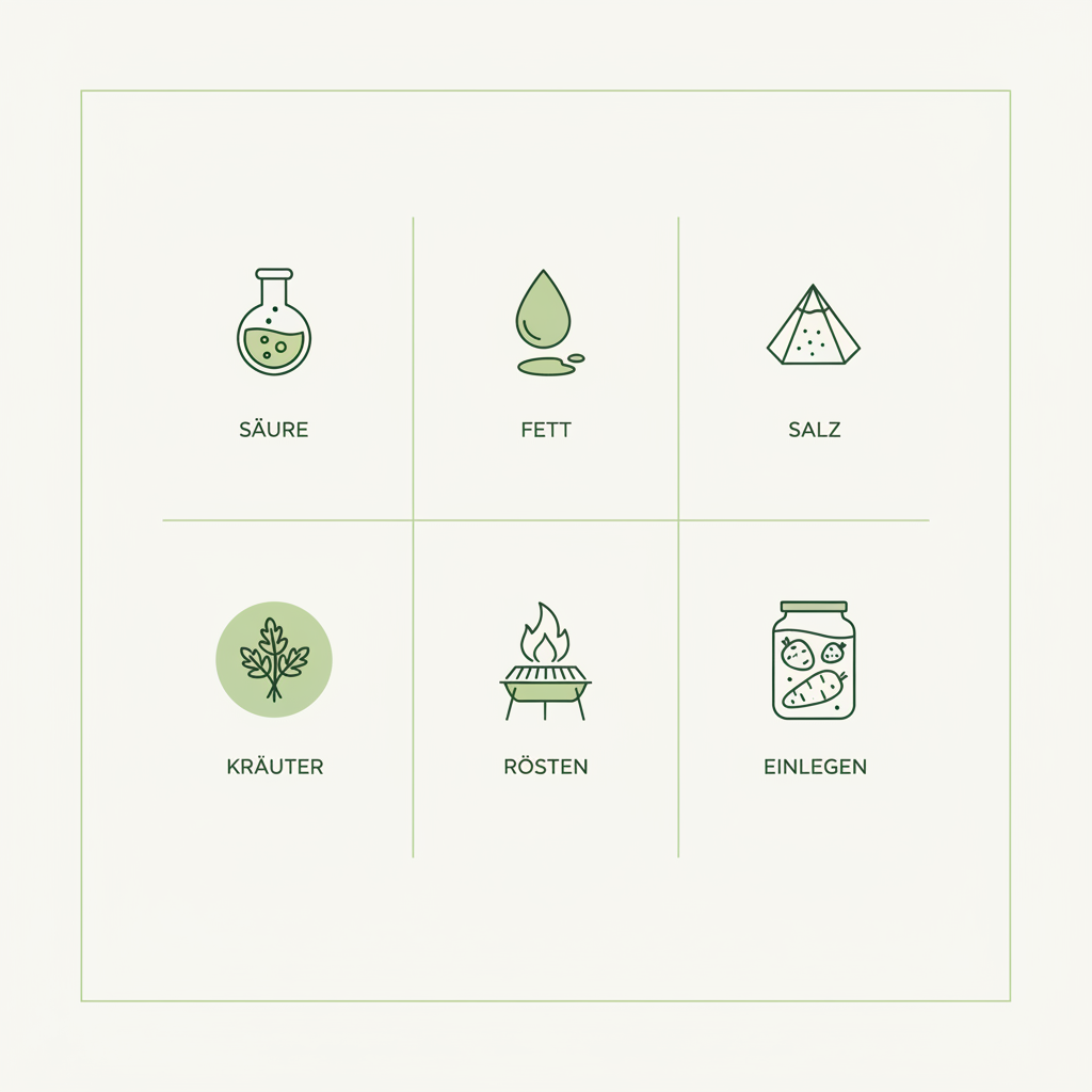 Minimalistische Vektor-Infografik mit Icons für Säure, Fett, Salz, Kräuter, Rösten und Einlegen – Empfehlungen zu Gewürze für Rote Bete