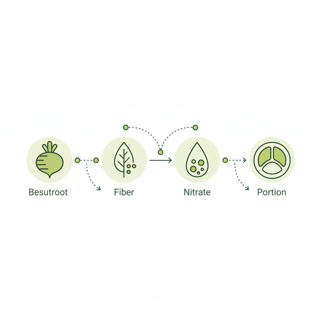 Minimalistische 2D-Vektor-Infografik zu rote bete verdauung mit Icons für rote Bete, Ballaststoffe, Nitrat und Portionsgrößen in den Markenfarben.
