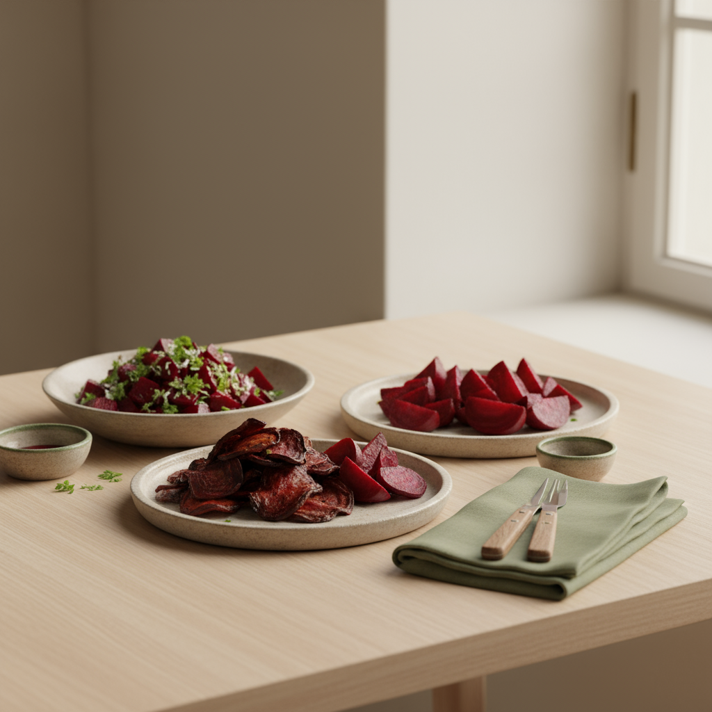 Vollformataufnahme eines minimalistischen Esstisches mit roten Beten: geröstete Scheiben, gekochte Spalten und Salat – zeigt rote bete verdauung in gemütlichem, europäischem Setting
