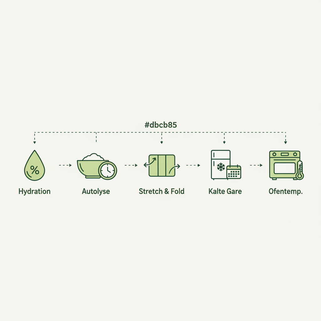 Minimalistische Vektor-Infografik mit Icons zu Hydration, Autolyse, Stretch &amp; Fold, kalter langer Gare und Ofentemperatur — Tipps für Pizzateig fluffig