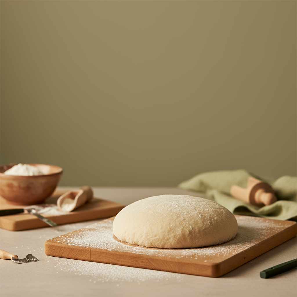 Nahaufnahme: Pizzateig Hefe‑Kugel auf bemehltem Holzbrett, warmes Seitenlicht, minimalistischer Küchenhintergrund #dbdbcf mit grünen Akzenten #a5cd8d und dunklen Details #21431f