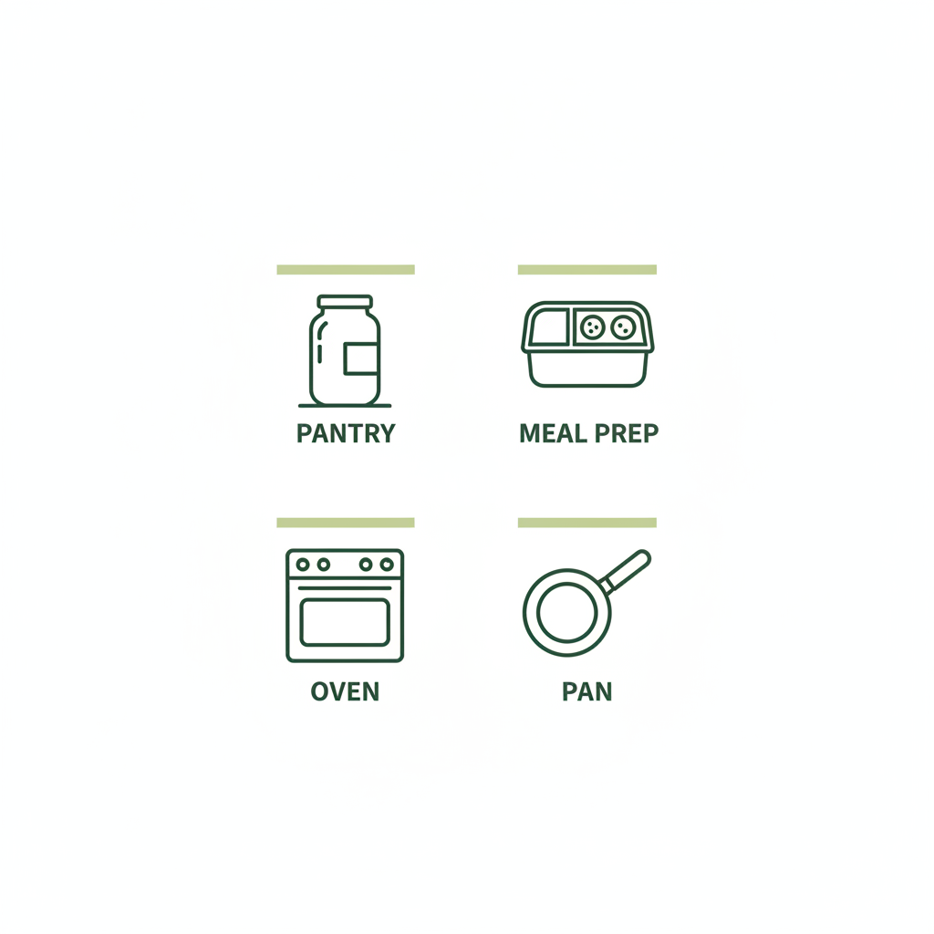 Minimalistische 2D-Vektor-Infografik mit Icons für Vorrat, Meal Prep, Ofen und Pfanne in Schnell Lecker Farben. Wie viel Geld bekommt ein Koch bei der Küchenschlacht?