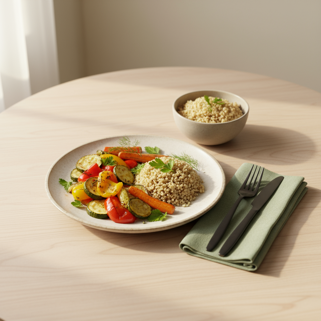 Plattiertes heimeliges Gericht mit geröstetem Gemüse, Schale mit Getreide und frischen Kräutern auf Holztisch vor hellem #dbdbcf Hintergrund — Wie viel Geld bekommt ein Koch bei der Küchenschlacht?