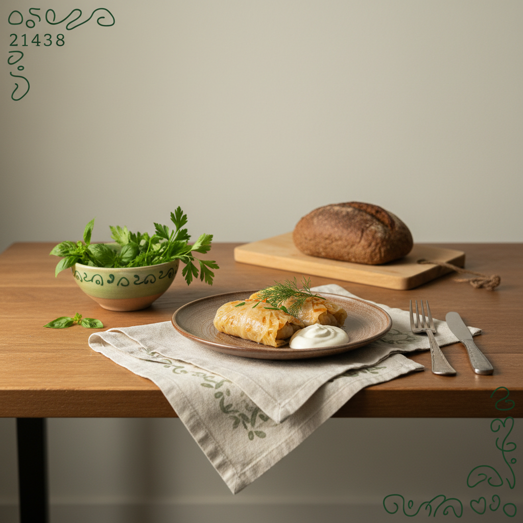 Vollbild eines schlicht arrangierten ungarisch-rumänisch inspirierten Tellers auf Holztisch in warmem Tageslicht, dezente Schnell Lecker Farben abgestimmt, Küchenschlacht Dauer