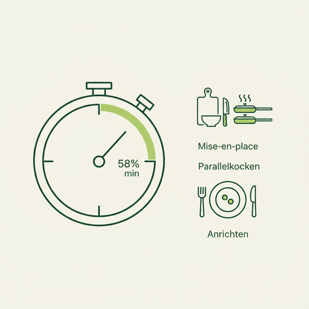 Minimalistische Vektor-Infografik mit Küchen-Timer (35 Minuten angedeutet) und drei Icons für Mise‑en‑place, Parallelkochen und Anrichten – Küchenschlacht Dauer.