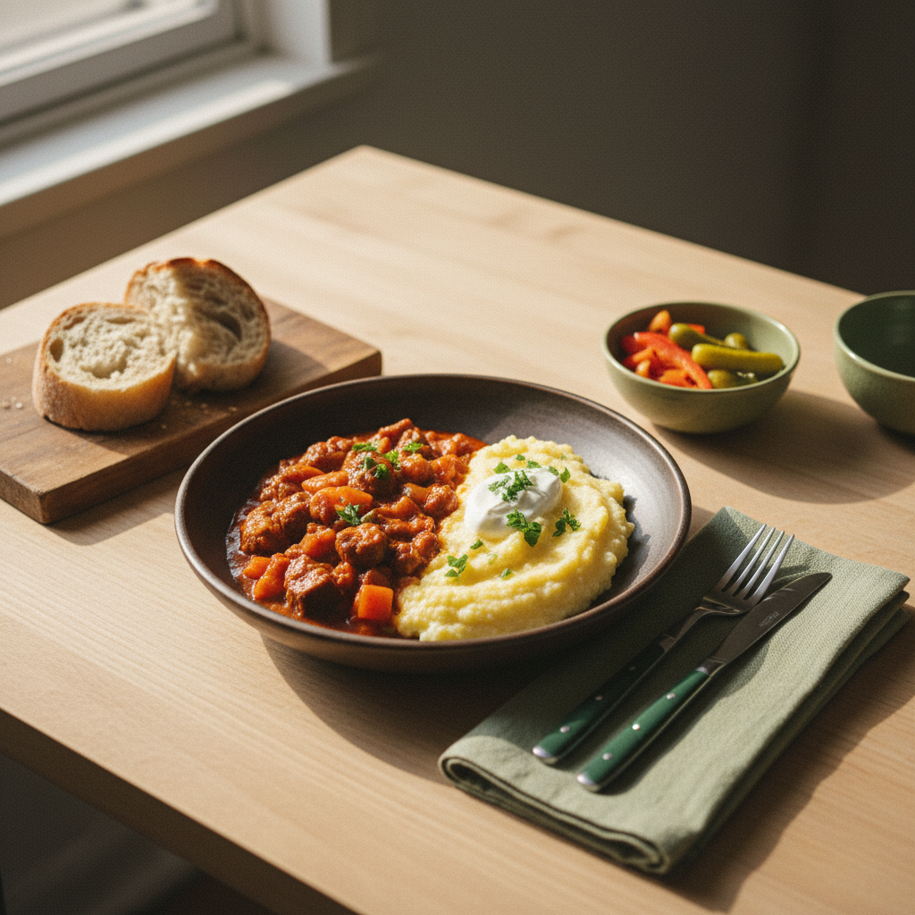 Küchenschlacht probierprobe: heimeliges, minimalistisches Tellerarrangement mit ungarisch-rumänischer Hausmannskost vor hellem Hintergrund #dbdbcf, dezente grüne Akzente.