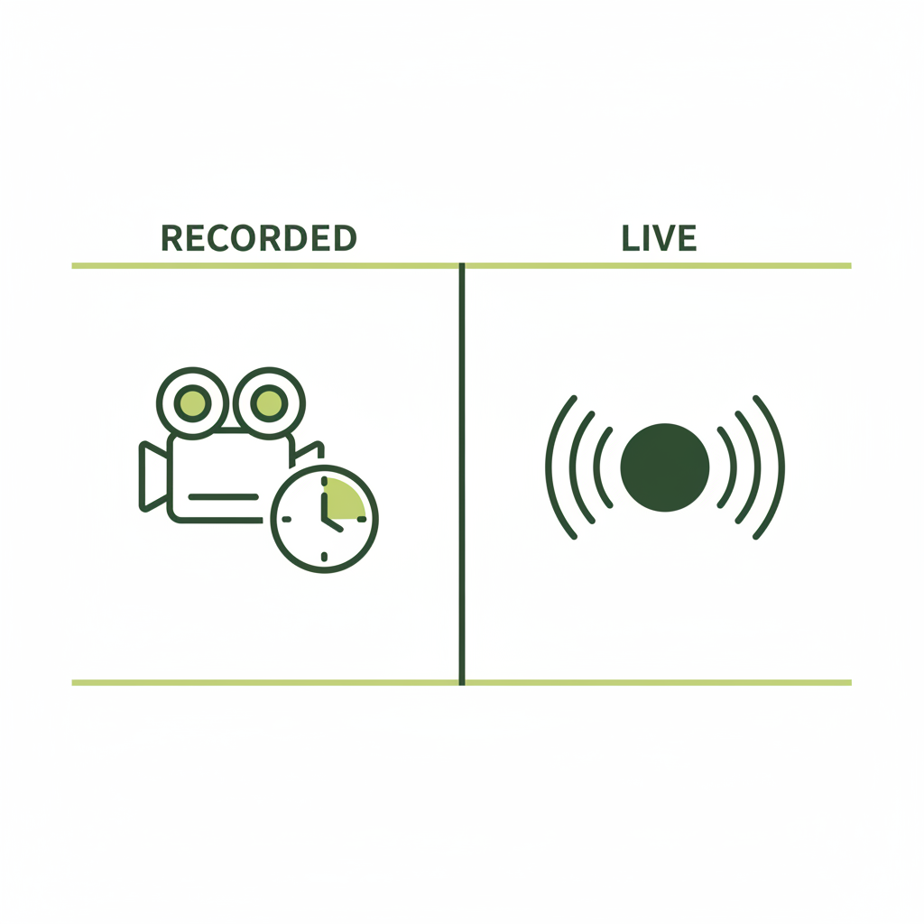 Minimalistische 2D-Vektor-Infografik mit Icons, die Aufzeichnung und Live vergleichend darstellen, neutraler #dbdbcf Hintergrund. Die Küchenschlacht live