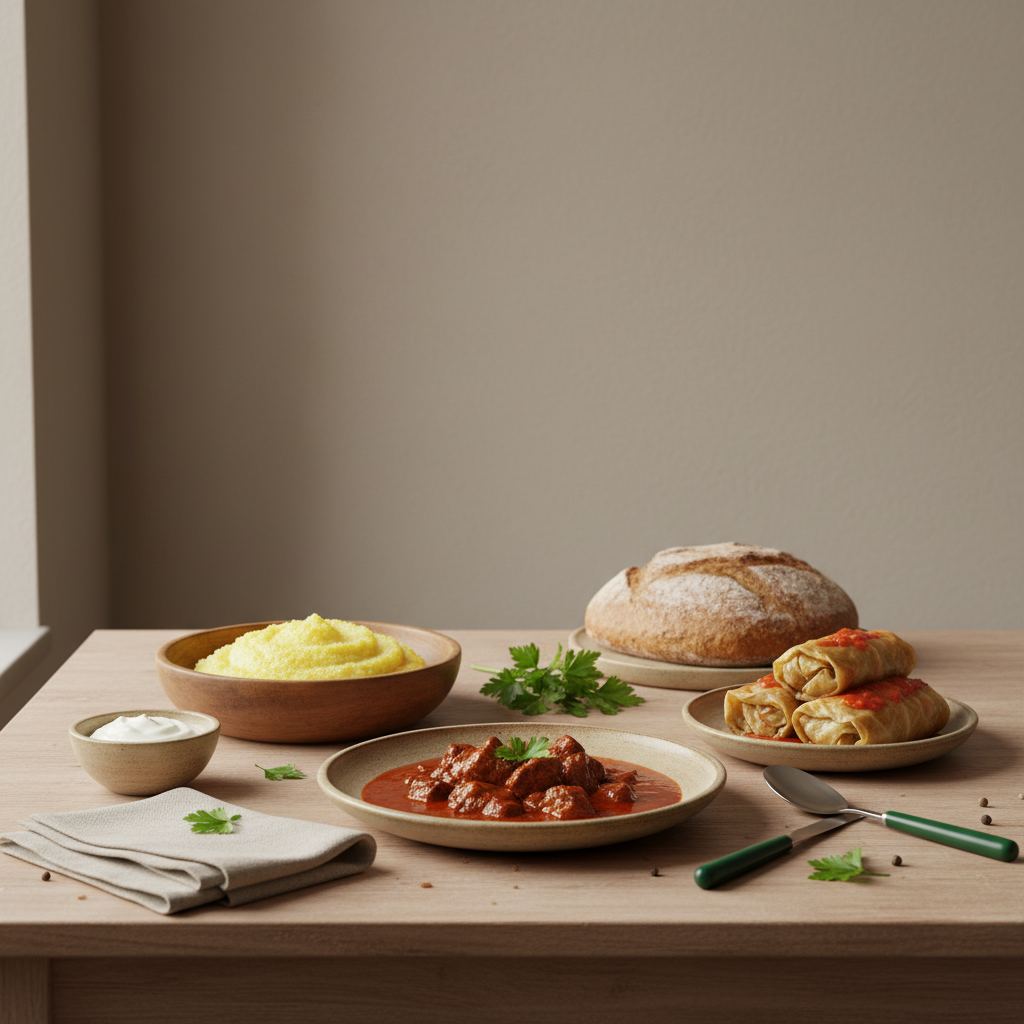 Vollbildaufnahme eines minimalistischen Küchentischs mit ungarischen und rumänischen Gerichten, warmes Licht, Markenfarben #dbdbcf/#a5cd8d/#21431f – Die Küchenschlacht live