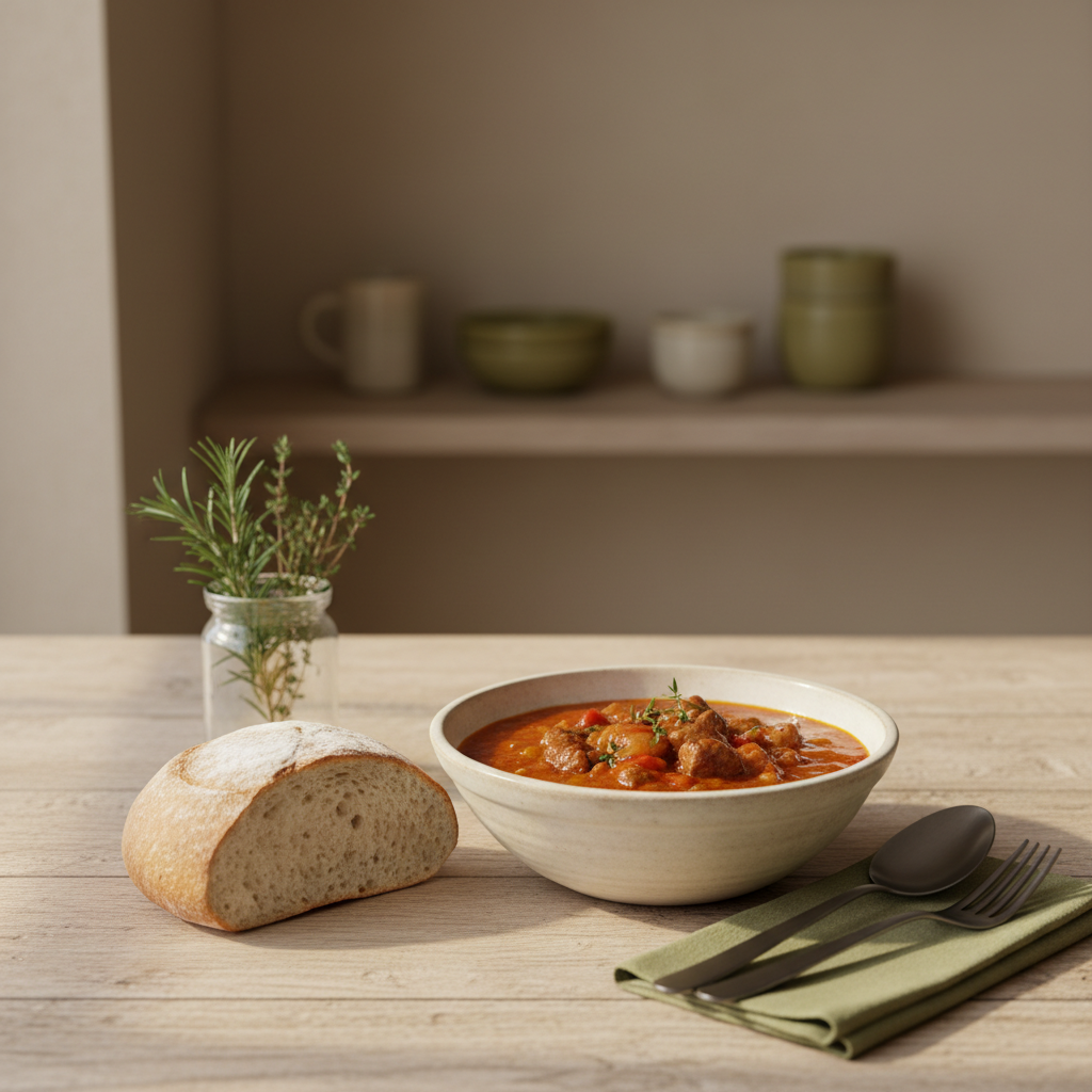 Heimeliges Küchenstillleben mit ungarisch-rumänischem Gericht auf hellem Hintergrund #dbdbcf und Akzent #a5cd8d, sauber arrangiert, warmes Licht — Horst Lichter Vermögen